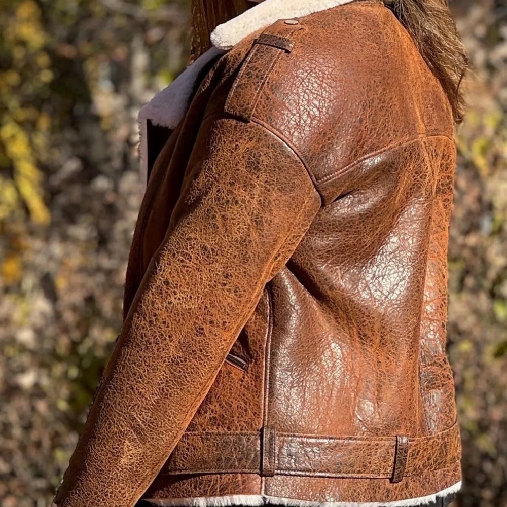 Women Real Sheepskin Flying Jacket Antique Brown Genuine Shearling Coat - Picture 2 of 6
